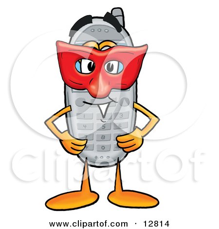 Clipart Picture of a Wireless Cellular Telephone Mascot Cartoon Character Wearing a Red Mask Over His Face by Mascot Junction
