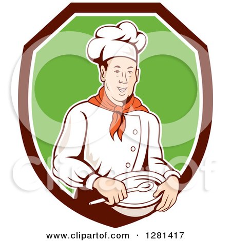 Clipart of a Retro Male Chef Holding a Bowl and Spoon in a Brown White and Green Shield - Royalty Free Vector Illustration by patrimonio