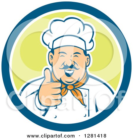 Clipart of a Retro Happy Male Chef with a Mustache, Holding a Thumb up in a Blue White and Green Circle - Royalty Free Vector Illustration by patrimonio