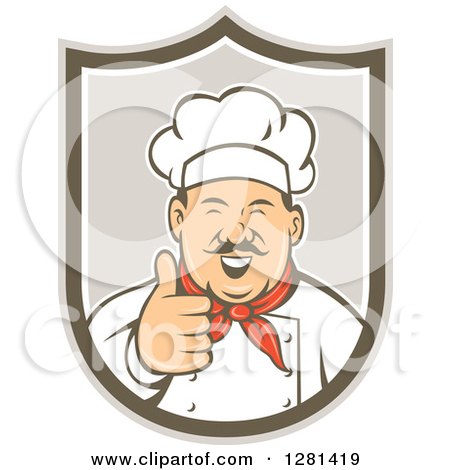 Clipart of a Retro Happy Male Chef with a Mustache, Holding a Thumb up in a Taupe and Brown Shield - Royalty Free Vector Illustration by patrimonio