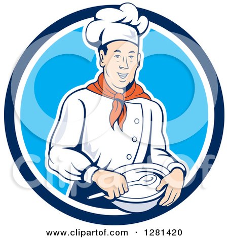 Clipart of a Retro Male Chef Holding a Bowl and Spoon in a Blue and White Circle - Royalty Free Vector Illustration by patrimonio