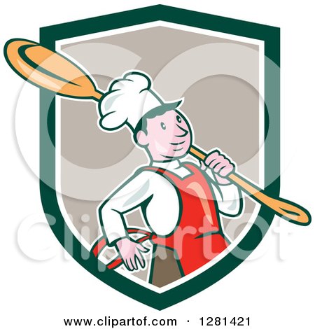 Clipart of a Happy Cartoon Chef Carrying a Giant Spoon over His Shoulder in a Green White and Taupe Shield - Royalty Free Vector Illustration by patrimonio