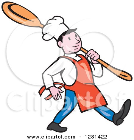 Clipart of a Happy Cartoon Chef Marching with a Giant Spoon over His Shoulder - Royalty Free Vector Illustration by patrimonio