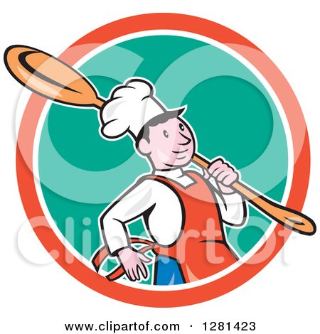 Clipart of a Happy Cartoon Chef Carrying a Giant Spoon over His Shoulder in a Turquoise White and Orange Circle - Royalty Free Vector Illustration by patrimonio