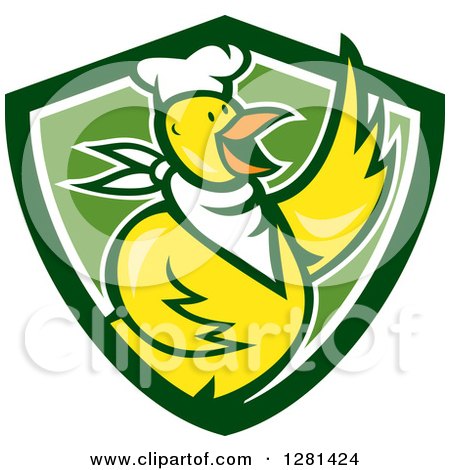 Clipart of a Cartoon Yellow Chef Chicken Waving over a Green and White Shield - Royalty Free Vector Illustration by patrimonio