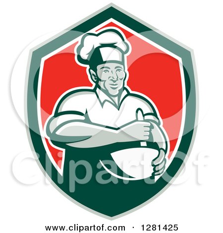 Clipart of a Retro Male Chef Holding a Mixing Bowl in a Green White and Red Shield - Royalty Free Vector Illustration by patrimonio