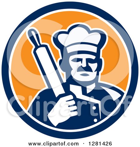 Clipart of a Retro Male Chef Holding a Rolling Pin over His Shoulder in a Blue White and Orange Circle - Royalty Free Vector Illustration by patrimonio