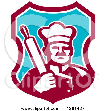 Clipart of a Retro Male Chef Holding a Rolling Pin over His Shoulder in a Maroon White and Blue Shield - Royalty Free Vector Illustration by patrimonio