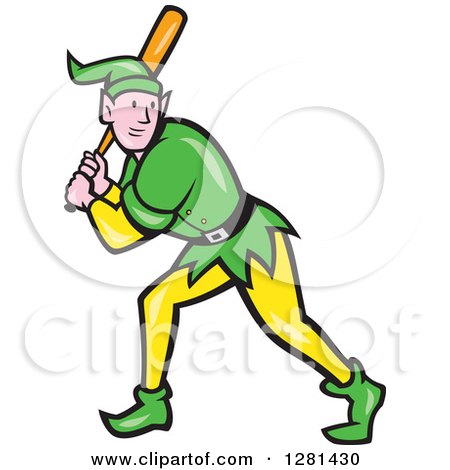 Clipart of a Cartoon Christmas Elf Batting at a Baseball Game - Royalty Free Vector Illustration by patrimonio