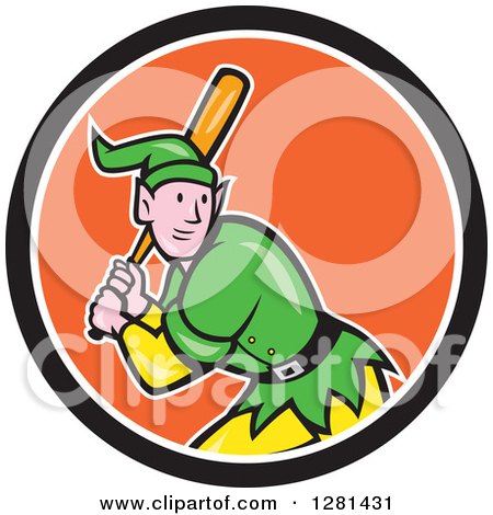 Clipart of a Cartoon Christmas Elf with a Baseball Bat in a Black White and Orange Circle - Royalty Free Vector Illustration by patrimonio