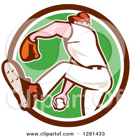 Clipart of a Cartoon Male Baseball Player Pitching in a Brown White and Green Circle - Royalty Free Vector Illustration by patrimonio