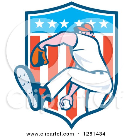 Clipart of a Cartoon Male Baseball Player Pitching in an American Themed Shield - Royalty Free Vector Illustration by patrimonio