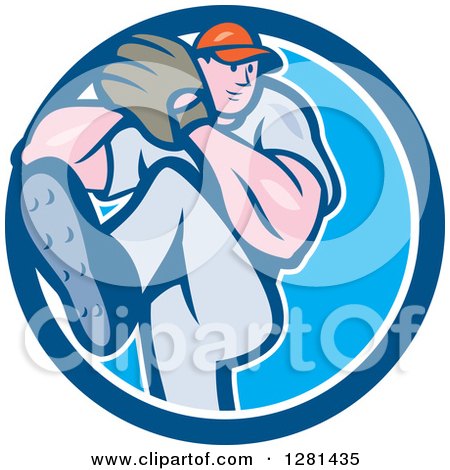 Clipart of a Cartoon Male Baseball Player Pitching in a Blue and White Circle - Royalty Free Vector Illustration by patrimonio