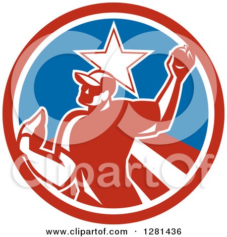 Clipart of a Retro Male Baseball Player Pitching in a Red White and Blue Star Circle - Royalty Free Vector Illustration by patrimonio