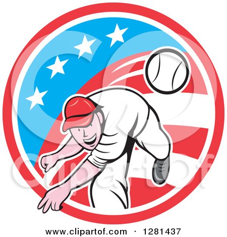 Clipart of a Cartoon Male Baseball Player Pitching in an American Themed Circle - Royalty Free Vector Illustration by patrimonio