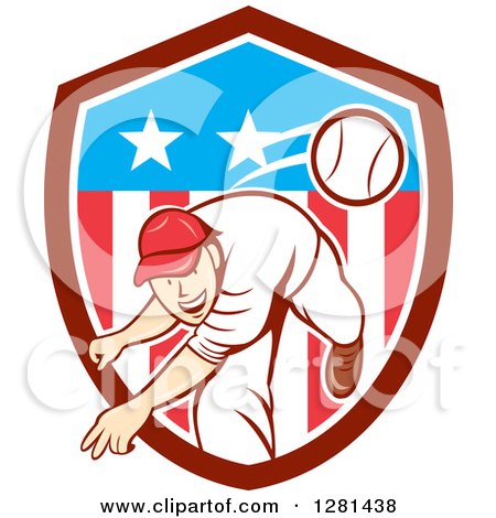 Clipart of a Retro Cartoon Male Baseball Player Pitching in an American Themed Shield - Royalty Free Vector Illustration by patrimonio