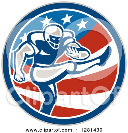 Clipart of a Retro Gridiron Football Player Kicking in an American Circle - Royalty Free Vector Illustration by patrimonio