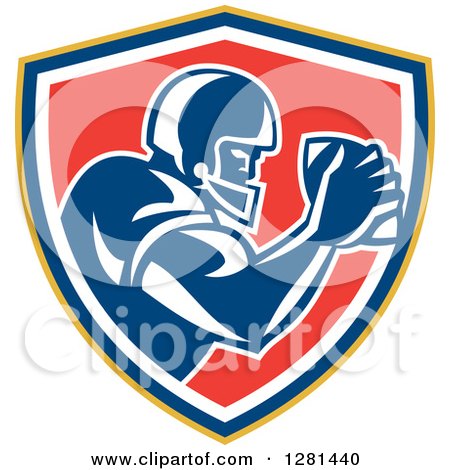 Clipart of a Retro American Football Player Holding a Ball in a Yellow Blue White and Red Shield - Royalty Free Vector Illustration by patrimonio