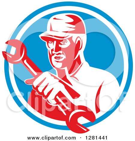 Clipart of a Retro Male Mechanic Holding out a Wrench in a Blue and White Circle - Royalty Free Vector Illustration by patrimonio