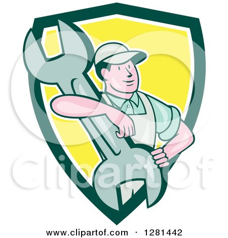 Clipart of a Retro Cartoon Male Mechanic with His Arm Around a Giant Wrench in a Green White and Yellow Shield - Royalty Free Vector Illustration by patrimonio