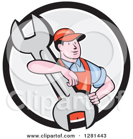 Clipart of a Cartoon Male Mechanic with His Arm Around a Giant Wrench in a Black White and Gray Circle - Royalty Free Vector Illustration by patrimonio