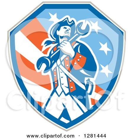 Clipart of a Retro American Revolutionary Patriot Soldier Mechanic Walking with a Spanner Wrench in a Patriotic Shield - Royalty Free Vector Illustration by patrimonio