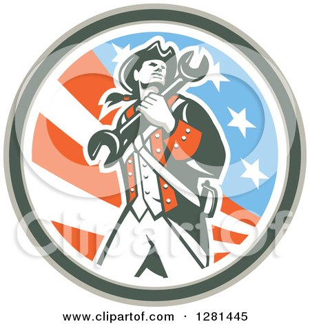 Clipart of a Retro American Revolutionary Patriot Soldier Mechanic Walking with a Spanner Wrench in a Patriotic Circle - Royalty Free Vector Illustration by patrimonio