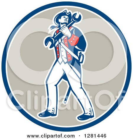Clipart of a Retro American Revolutionary Patriot Soldier Mechanic Walking with a Spanner Wrench in a Blue White and Taupe Circle - Royalty Free Vector Illustration by patrimonio