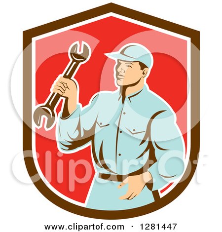 Clipart of a Retro Male Mechanic Holding a Wrench in a Brown White and Red Shield - Royalty Free Vector Illustration by patrimonio