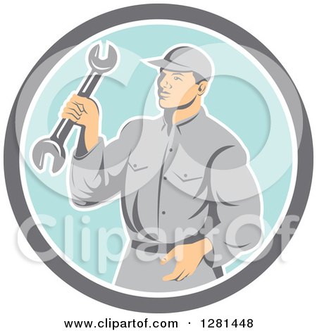 Clipart of a Retro Male Mechanic Holding a Wrench in a Gray White and Blue Circle - Royalty Free Vector Illustration by patrimonio