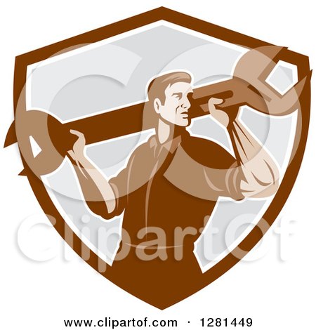 Clipart of a Retro Male Mechanic with a Giant Wrench on His Shoulders in a Brown White and Gray Shield - Royalty Free Vector Illustration by patrimonio