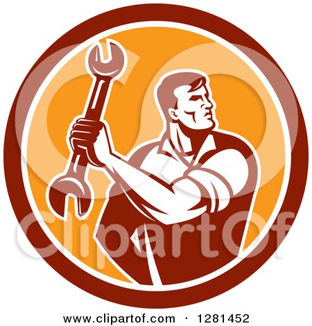 Clipart of a Retro Muscular Male Mechanic Holding a Wrench in a Red White and Orange Circle - Royalty Free Vector Illustration by patrimonio