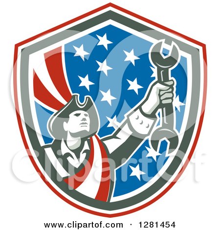 Clipart of a Retro American Revolutionary Patriot Soldier Mechanic Holding a Spanner Wrench in a Patriotic Shield - Royalty Free Vector Illustration by patrimonio