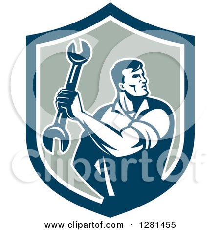 Clipart of a Retro Muscular Male Mechanic Holding a Wrench in a Shield - Royalty Free Vector Illustration by patrimonio