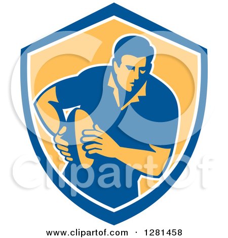 Clipart of a Retro Male Rugby Player Running in a Blue White and Yellow Shield - Royalty Free Vector Illustration by patrimonio