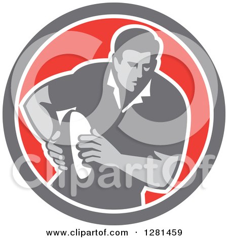 Clipart of a Retro Male Rugby Player Running in a Gray White and Red Circle - Royalty Free Vector Illustration by patrimonio