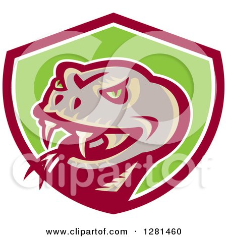 Clipart of a Retro Attacking Viper Snake Head in a Maroon White and Green Shield - Royalty Free Vector Illustration by patrimonio