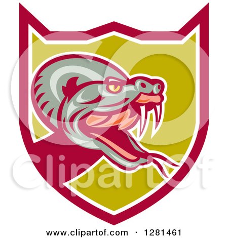 Clipart of a Retro Rattlesnake Attacking in a Pink White and Green Shield - Royalty Free Vector Illustration by patrimonio