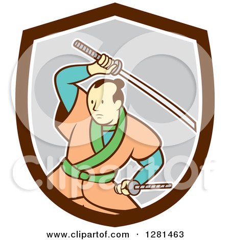 Clipart of a Cartoon Samurai Warrior Fighting with a Sword in a Brown White and Gray Shield - Royalty Free Vector Illustration by patrimonio