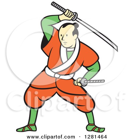 Clipart of a Cartoon Samurai Warrior Fighting with a Sword - Royalty Free Vector Illustration by patrimonio