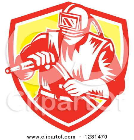 Clipart of a Retro Woodcut Sandblaster Worker in a Red White and Yellow Shield - Royalty Free Vector Illustration by patrimonio