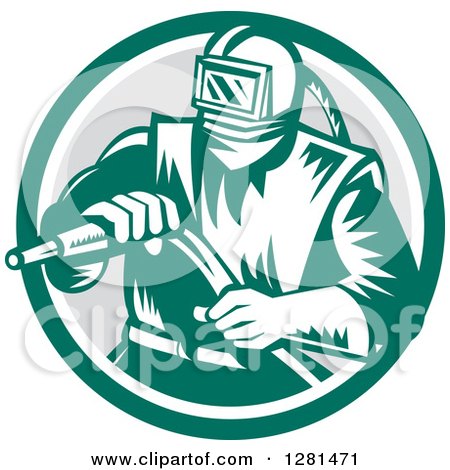 Clipart of a Retro Woodcut Sandblaster Worker in a Green White and Gray Circle - Royalty Free Vector Illustration by patrimonio