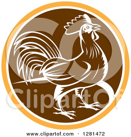 Clipart of a Retro Profiled Woodcut Rooster in an Orange White and Brown Circle - Royalty Free Vector Illustration by patrimonio