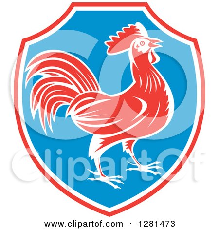 Clipart of a Retro Profiled Woodcut Rooster in a Red White and Blue Shield - Royalty Free Vector Illustration by patrimonio