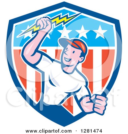 Clipart of a Happy Cartoon Male Electrician Holding a Lightning Bolt in an American Themed Shield - Royalty Free Vector Illustration by patrimonio