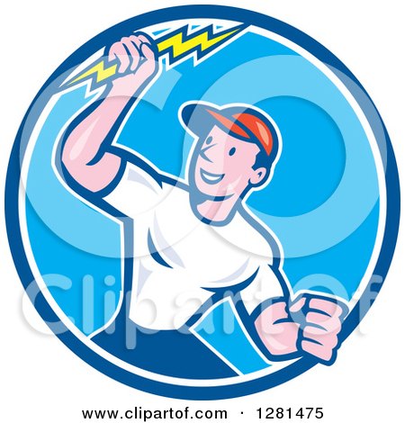 Clipart of a Happy Cartoon Male Electrician Holding a Lightning Bolt in a Blue and White Circle - Royalty Free Vector Illustration by patrimonio