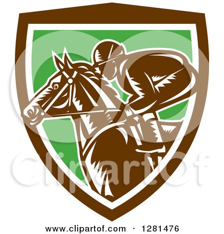 Clipart of a Retro Woodcut Horse Racing Jockey in a Brown White and Green Shield - Royalty Free Vector Illustration by patrimonio