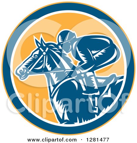 Clipart of a Retro Woodcut Horse Racing Jockey in a Yellow Blue and White Circle - Royalty Free Vector Illustration by patrimonio