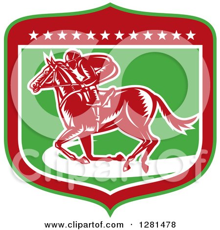 Clipart of a Retro Woodcut Horse Racing Jockey in a Green Red and White Shield with Stars - Royalty Free Vector Illustration by patrimonio