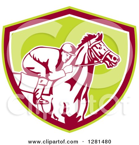 Clipart of a Retro Horse Racing Jockey in a Green Brown and White Shield - Royalty Free Vector Illustration by patrimonio